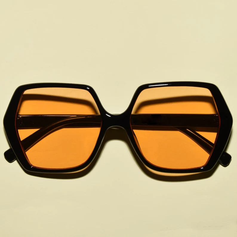 black frame orange lens 1970s Vintage Style Hexagon Square Oversized Sunglasses