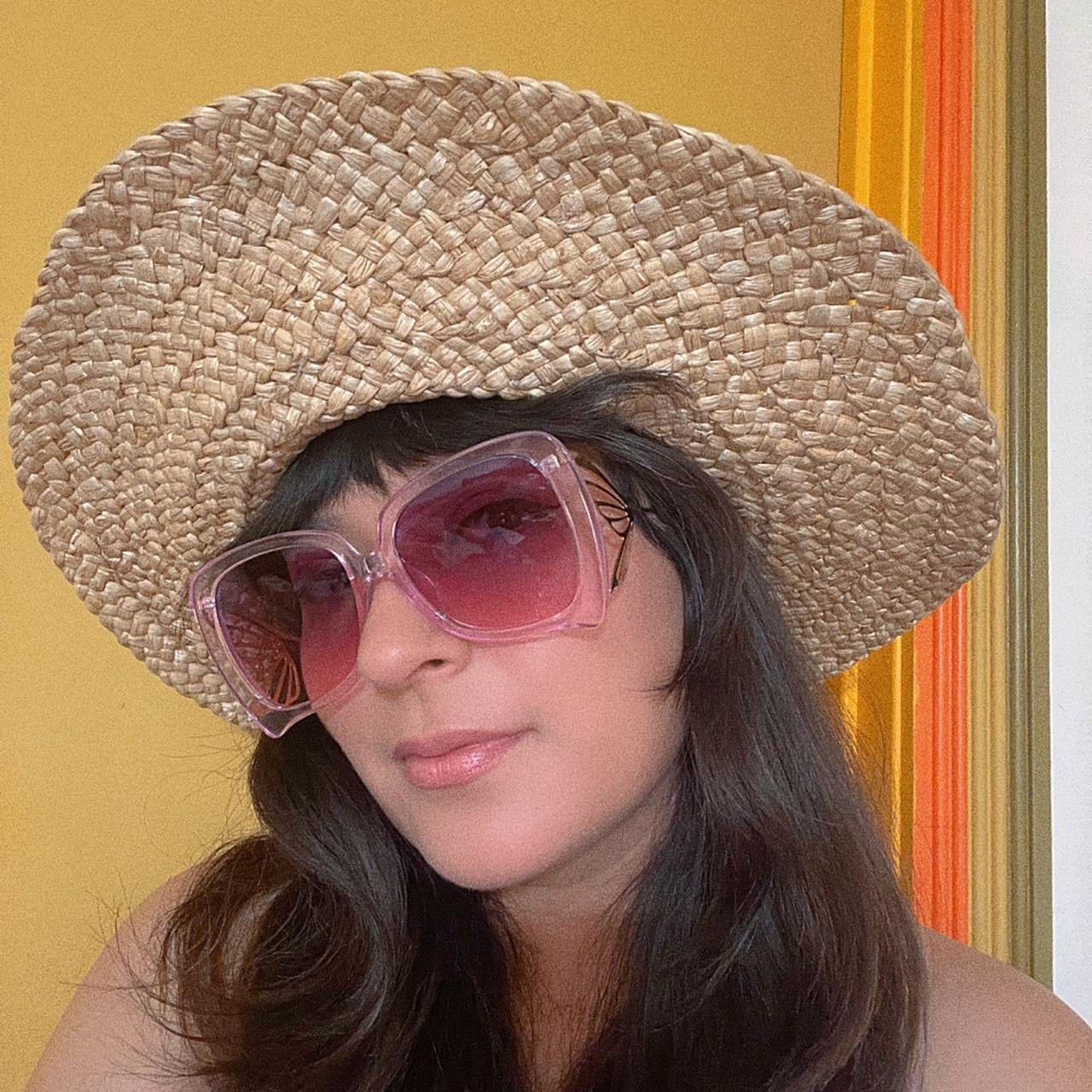 women smiling wearing purple lavender 1970s Vintage Style Butterfly Gold Design Ultra Oversized Sunglasses