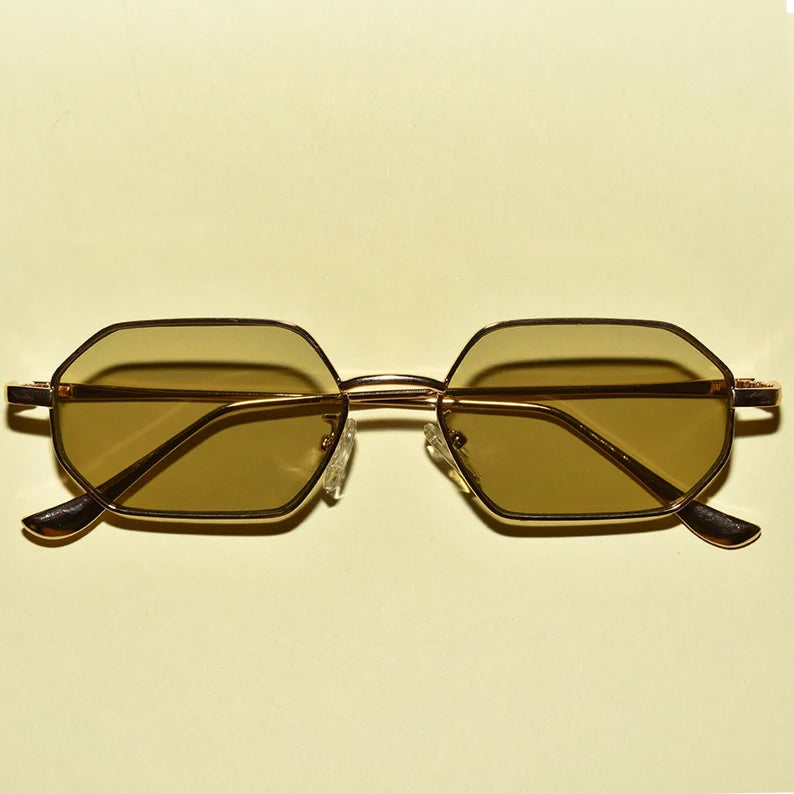 olive green 1960s Vintage Style Beatnik Mod Hexagon Gold Rim Translucent Sunglasses