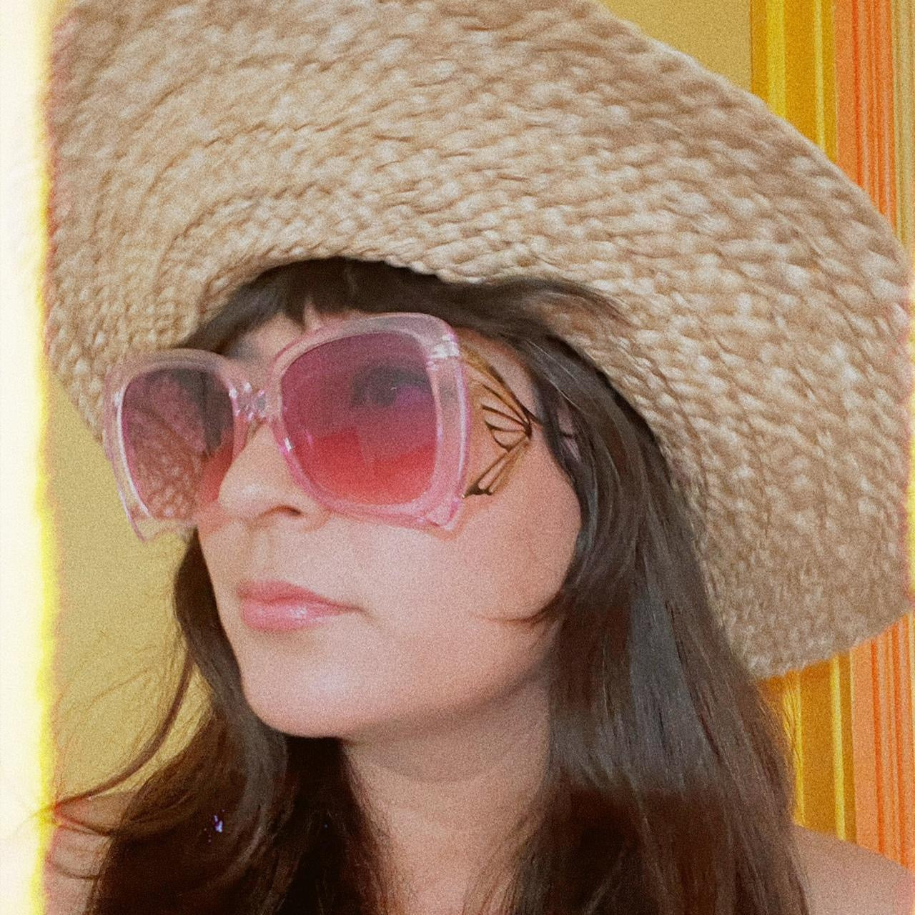 woman wearing hat purple sunglasses 1970s Vintage Style Butterfly Gold Design Ultra Oversized Sunglasses