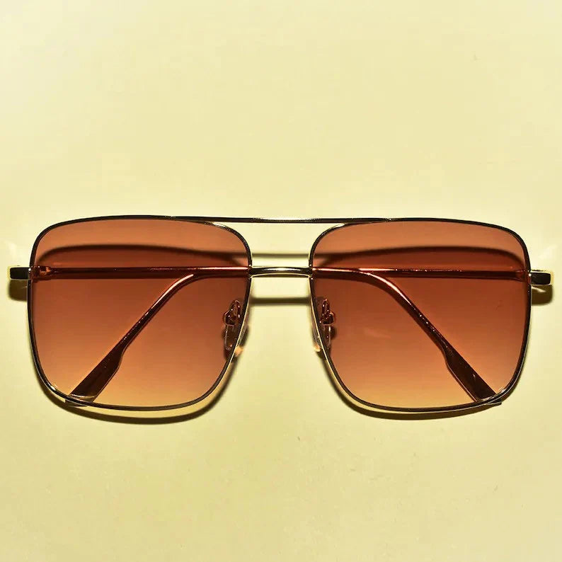 brown 1970s Style Gold Rim Double Bridge Aviator Translucent Hue Square Lens Oversized Sunglasses | Multiple Color