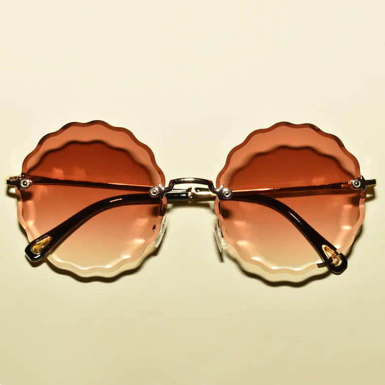 front shot brown color 1960s Vintage Style DAISY Rimless Round Scalloped Flower Shaped Translucent Sunglasses