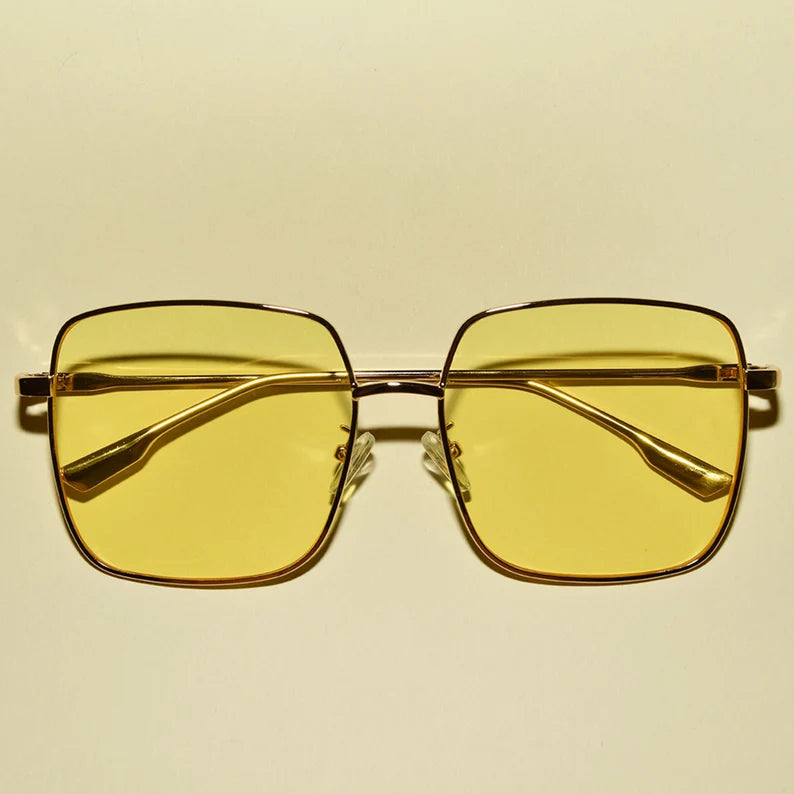 yellow lens gold frame 1970s Style Gold Rim Square Lens Oversized UV Protected Sunglasses