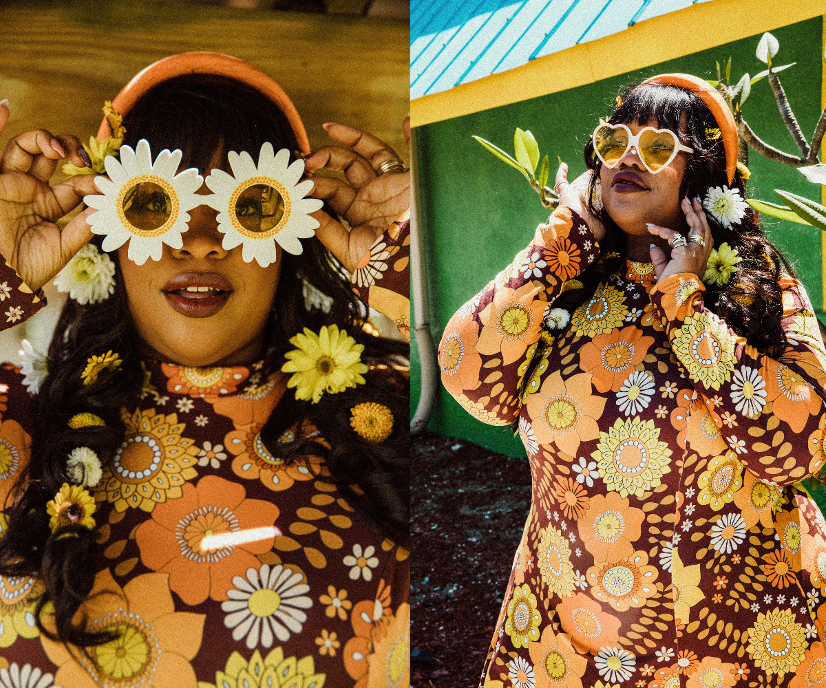 women wearing floral outfit and flower sunglasses banner 70s style
