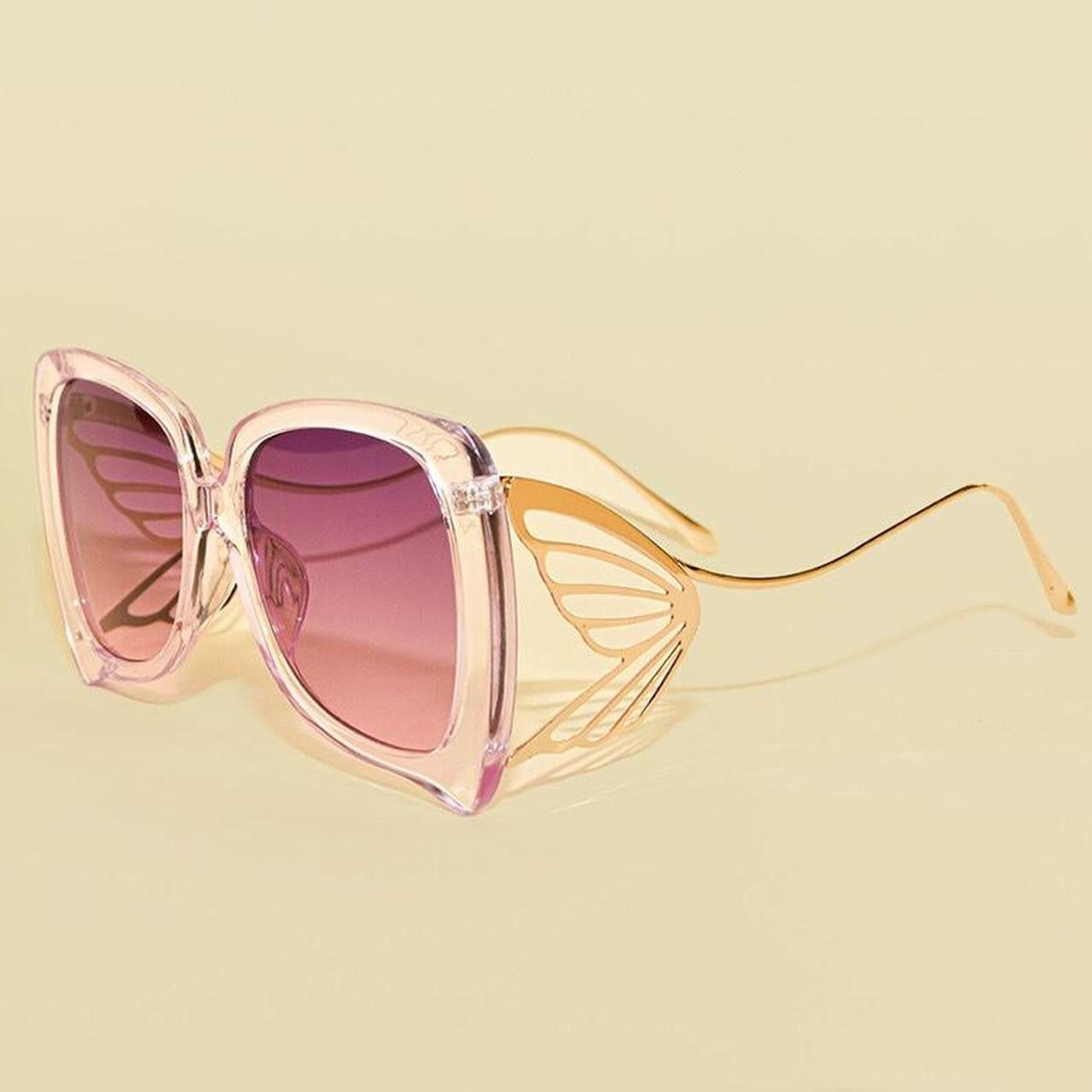 lavender 1970s Vintage Style Butterfly Gold Design Ultra Oversized Sunglasses side picture