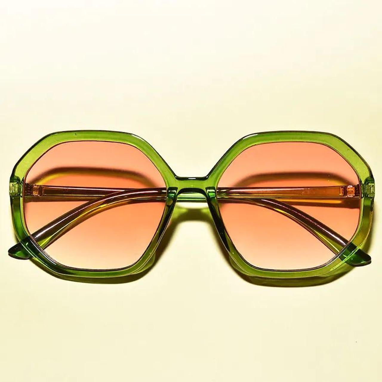Green octagon frame sunglasses with pink lens semi oversized 