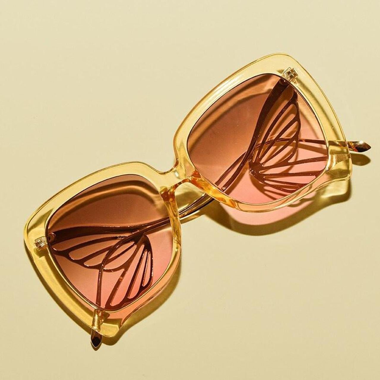 side profile two peach 1970s Vintage Style Butterfly Gold Design Ultra Oversized Sunglasses