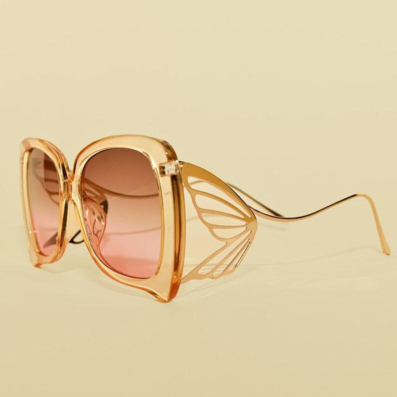 side profile peach 1970s Vintage Style Butterfly Gold Design Ultra Oversized Sunglasses